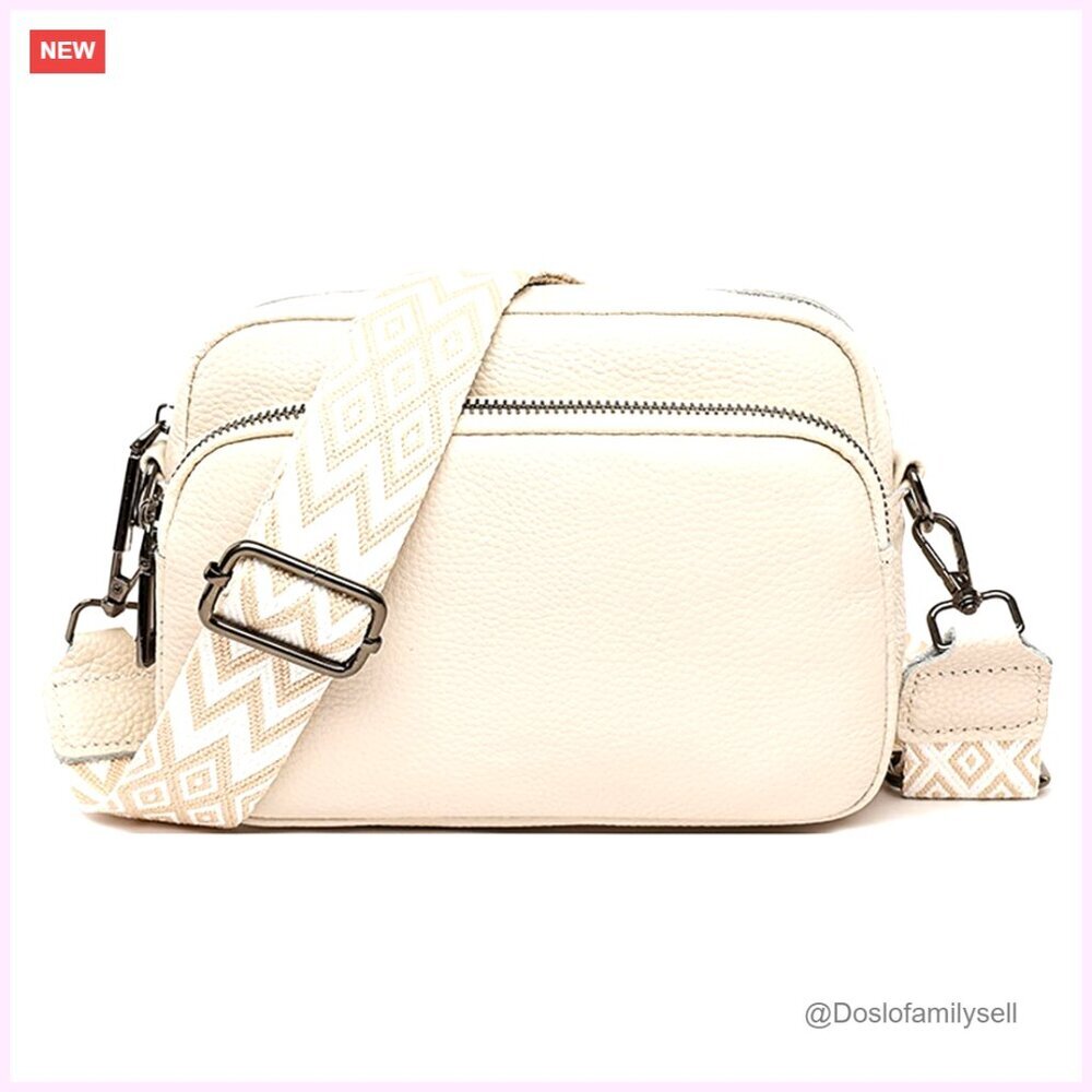 Genuine Leather Crossbody Bag with Guitar Strap, Multiple Pockets